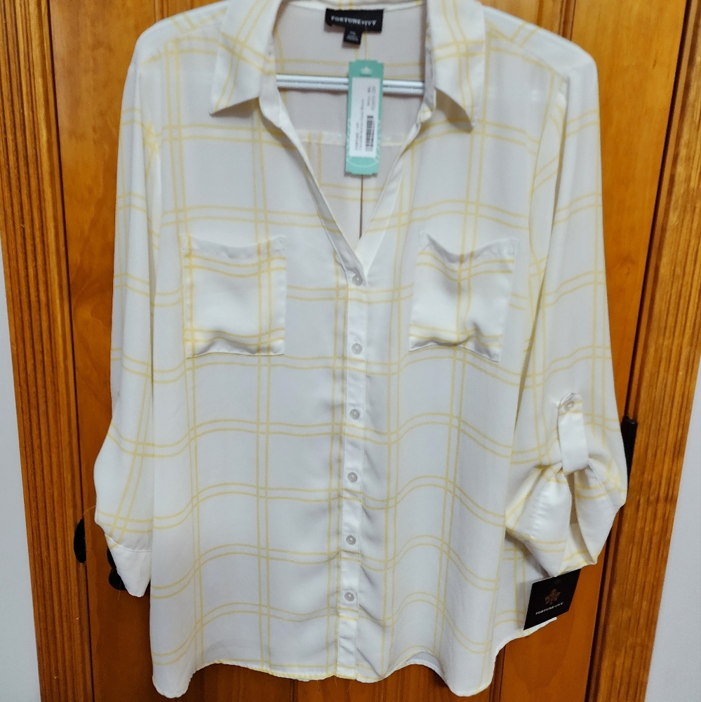 Button up white with yellow stripe plaid blouse